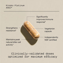 Kinoko Platinum AHCC capsule diagram with strength, immune response, vegetarian