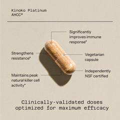 AHCC immune support supplement Kinoko Platinum vegetarian capsule with callouts noting improved immune response and NSF certified