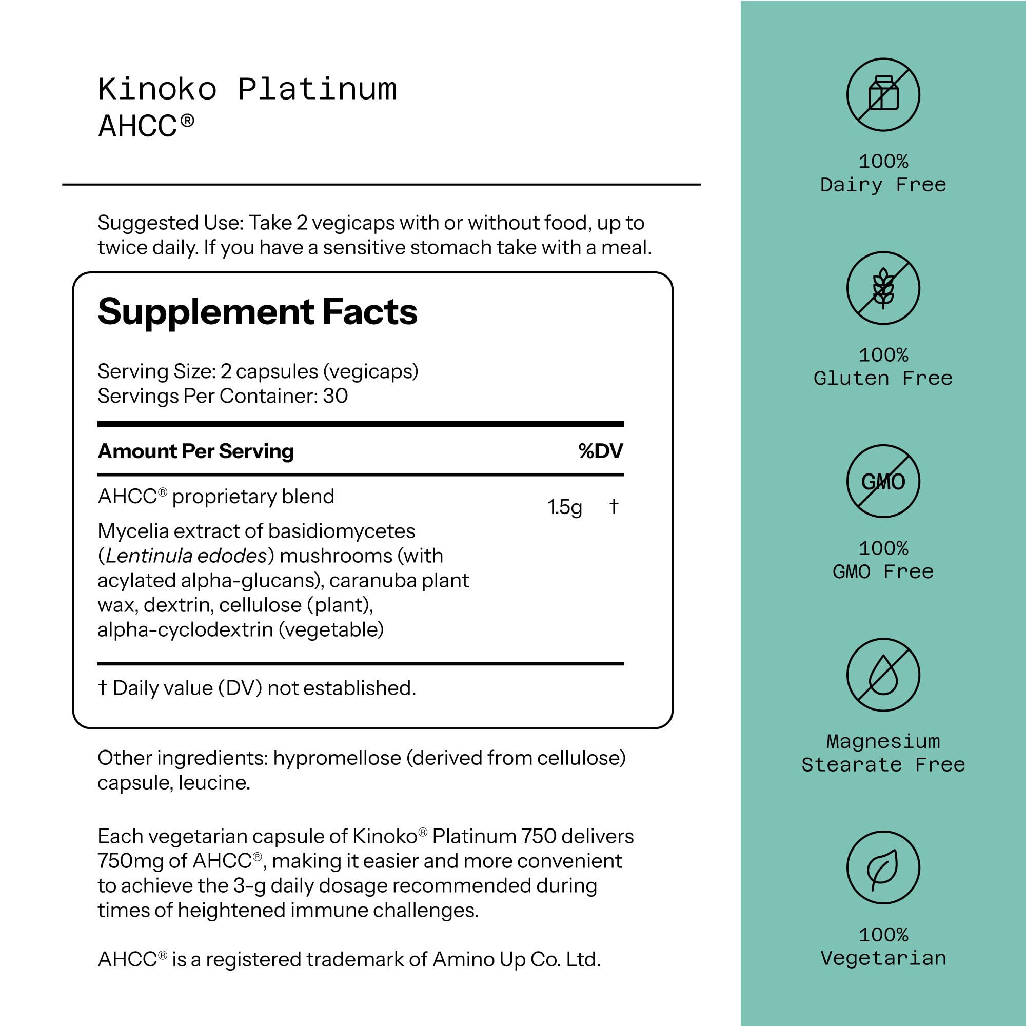 Kinoko Platinum supplement label with Supplement Facts and icons 100 percent vegetarian dairy free AHCC immune support supplement