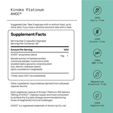 Supplement Facts panel and ingredient list for Kinoko Platinum AHCC, vegetarian capsule