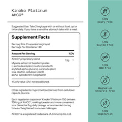 Kinoko Platinum supplement label with Supplement Facts and icons 100 percent vegetarian dairy free AHCC immune support supplement
