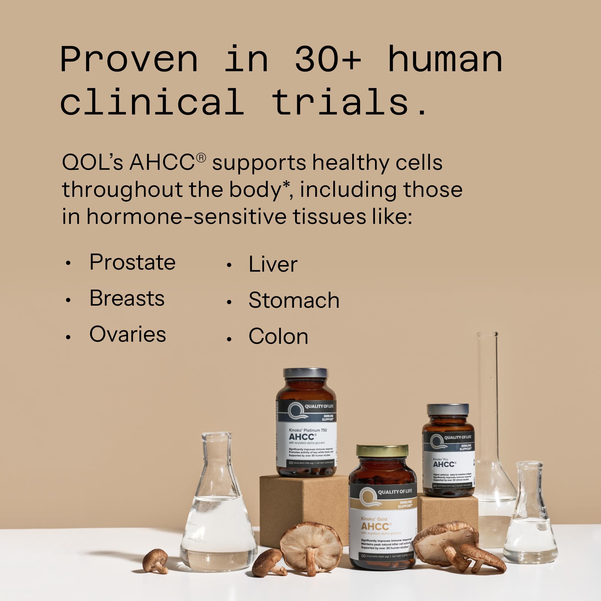 Quality of Life AHCC immune support supplement bottles with shiitake mushrooms and lab glassware