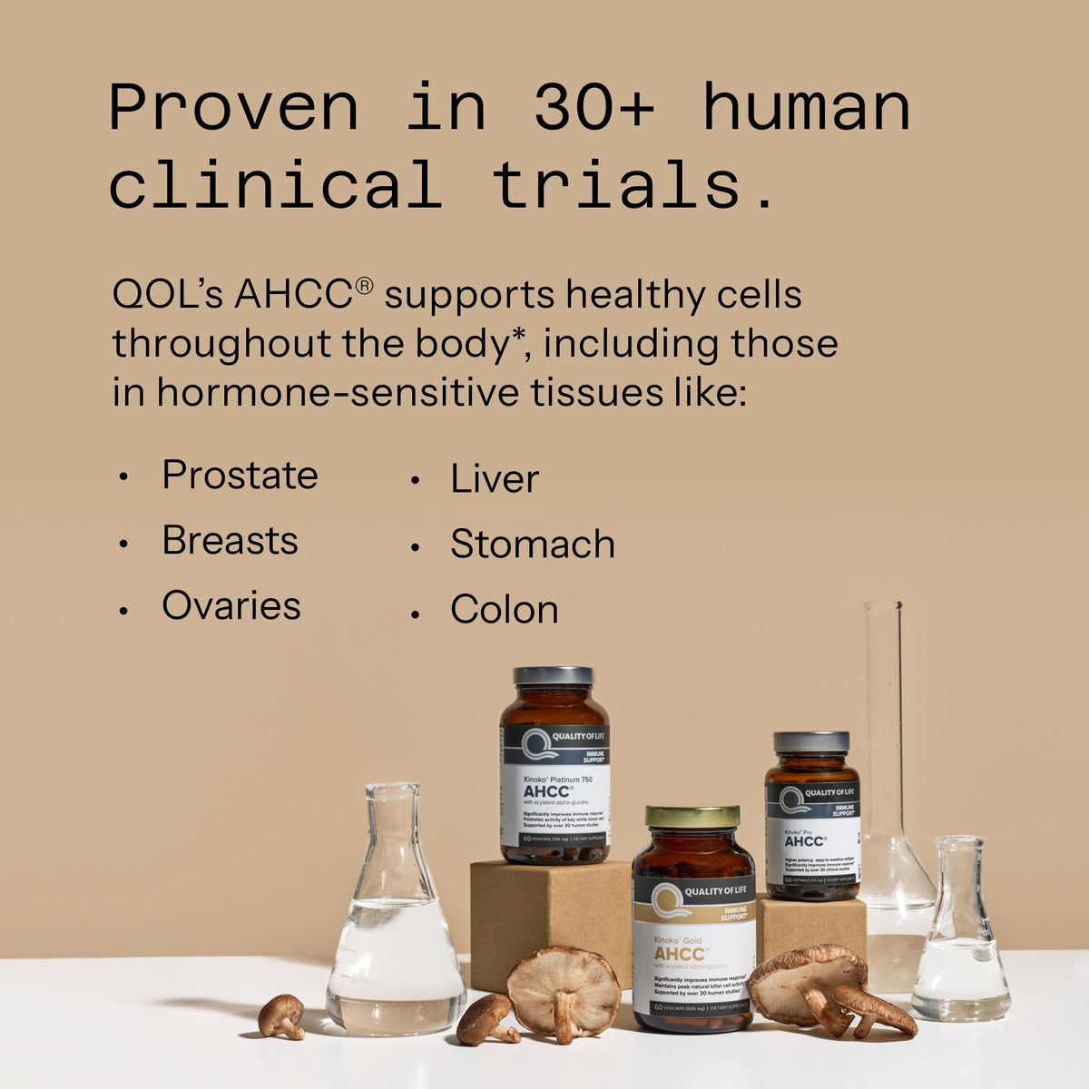 Quality of Life AHCC immune support supplement bottles with shiitake mushrooms and lab glassware
