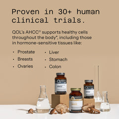 Quality of Life AHCC immune support supplement bottles with shiitake mushrooms and lab glassware