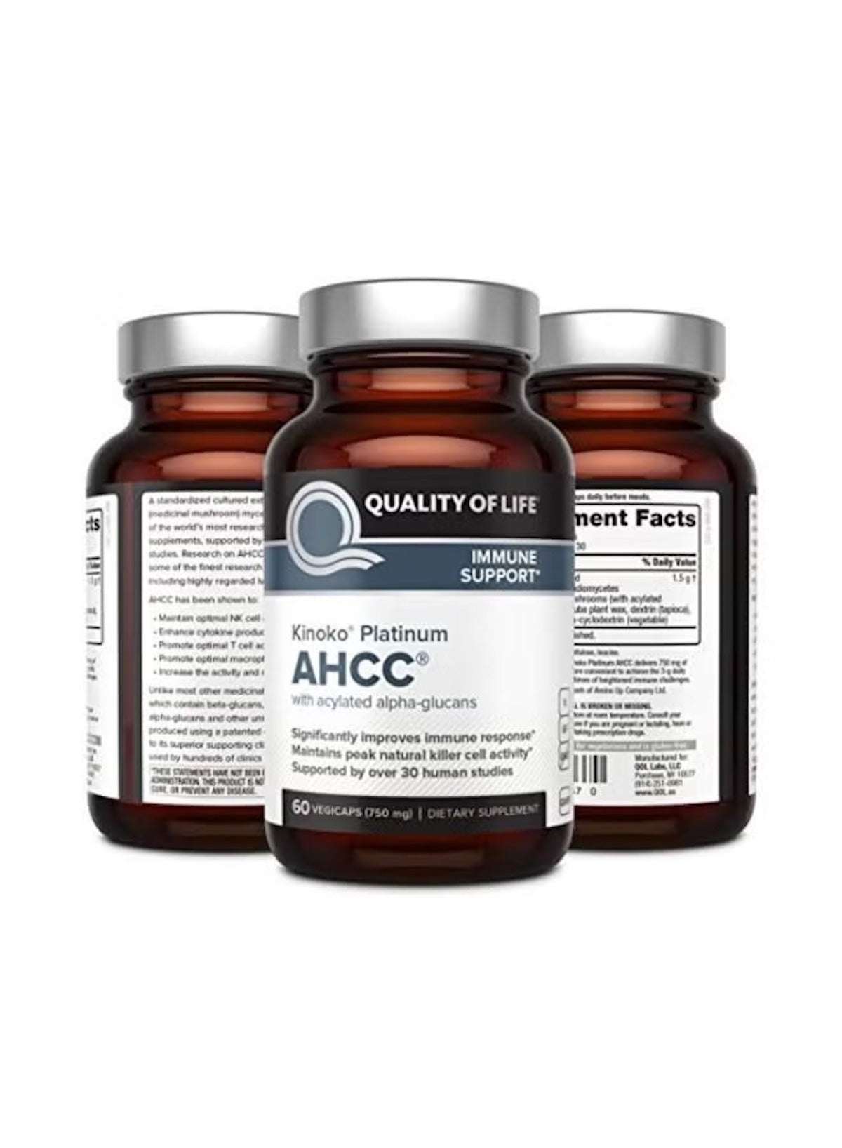 Quality of Life AHCC immune support supplement in dark amber bottles for enhanced immune health