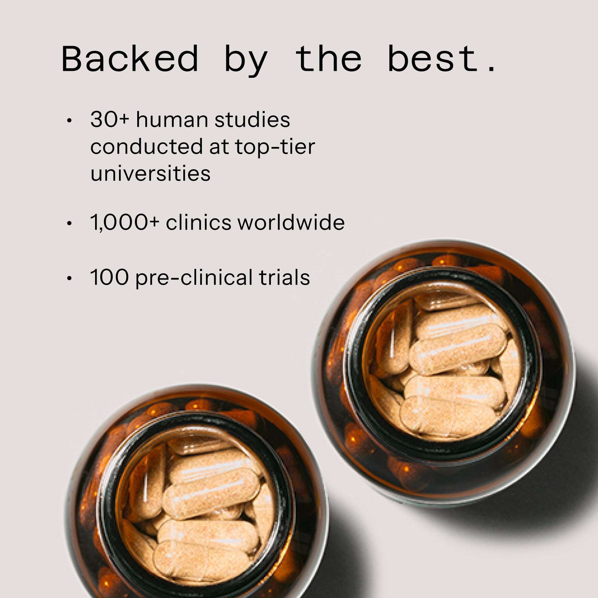 AHCC immune support supplement amber bottles with beige capsules and research claims backed by top studies