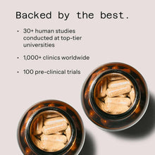 Two open supplement bottles filled with light tan vegicaps