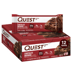 Quest chocolate brownie protein bars box with individually wrapped bar 20g protein 1g sugar 12 count