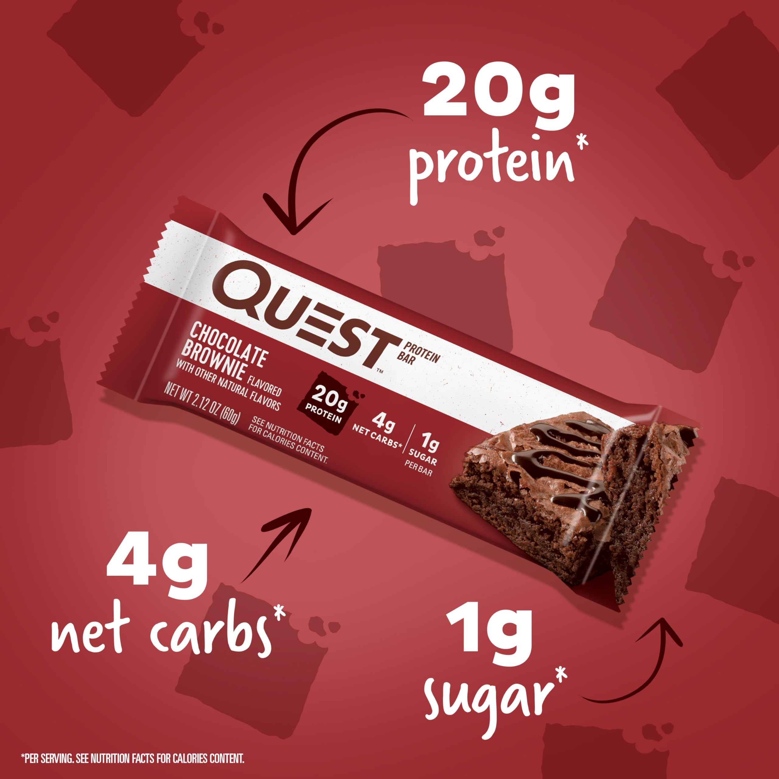 Quest chocolate brownie protein bars wrapper showing a brownie bar with callouts 20g protein 4g net carbs 1g sugar
