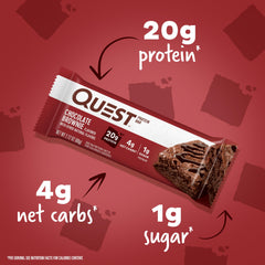 Quest chocolate brownie protein bars wrapper showing a brownie bar with callouts 20g protein 4g net carbs 1g sugar