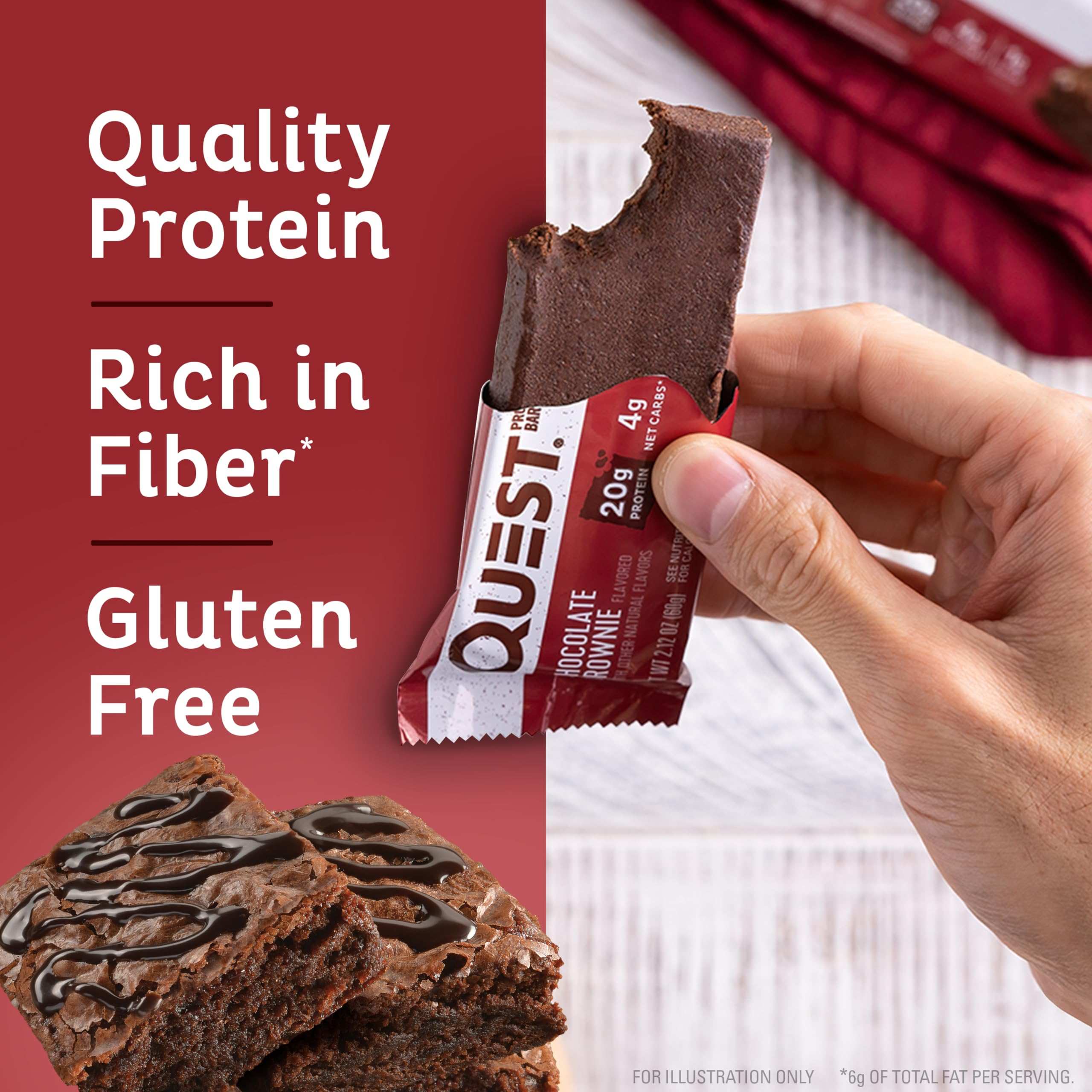 Quest chocolate brownie protein bars held in hand with a bite taken showing chocolate drizzle and gluten free label