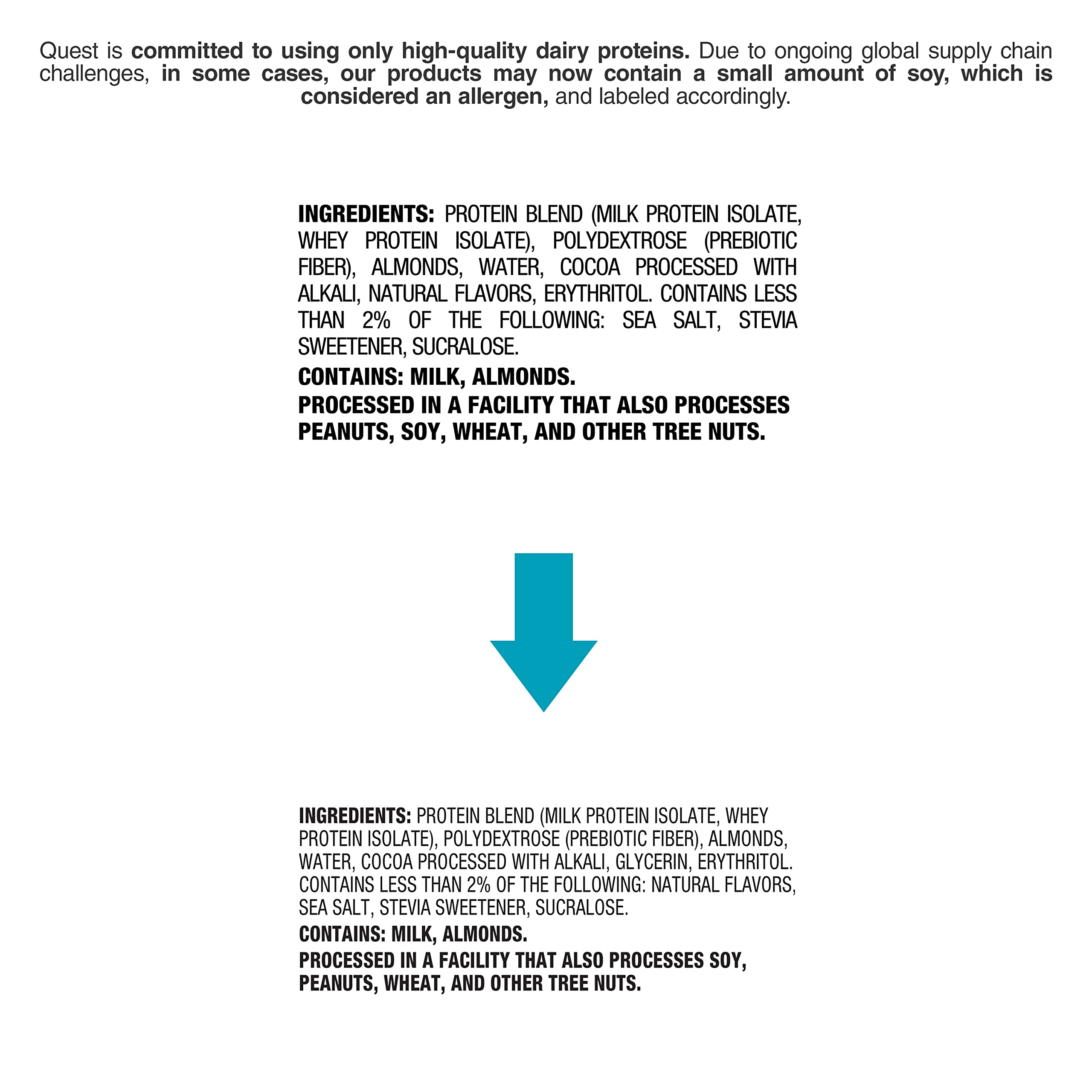 Quest chocolate brownie protein bars ingredient list and allergen warning showing milk almonds and facility processing notice