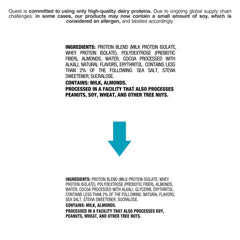 Quest chocolate brownie protein bars ingredient list and allergen warning showing milk almonds and facility processing notice