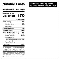 Quest nutrition facts label for chocolate brownie protein bars showing 170 calories and 20g protein per 60g bar