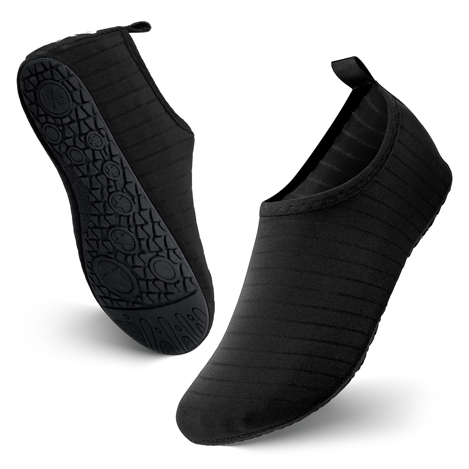 Black quick dry water shoes for adults with flexible soles and pull tabs for easy wear