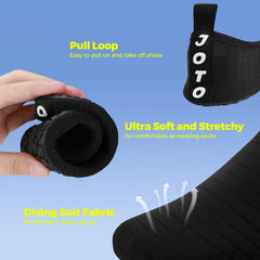 Black quick dry water shoes for adults with pull loop, ultra soft stretchy fabric, and breathable diving suit material