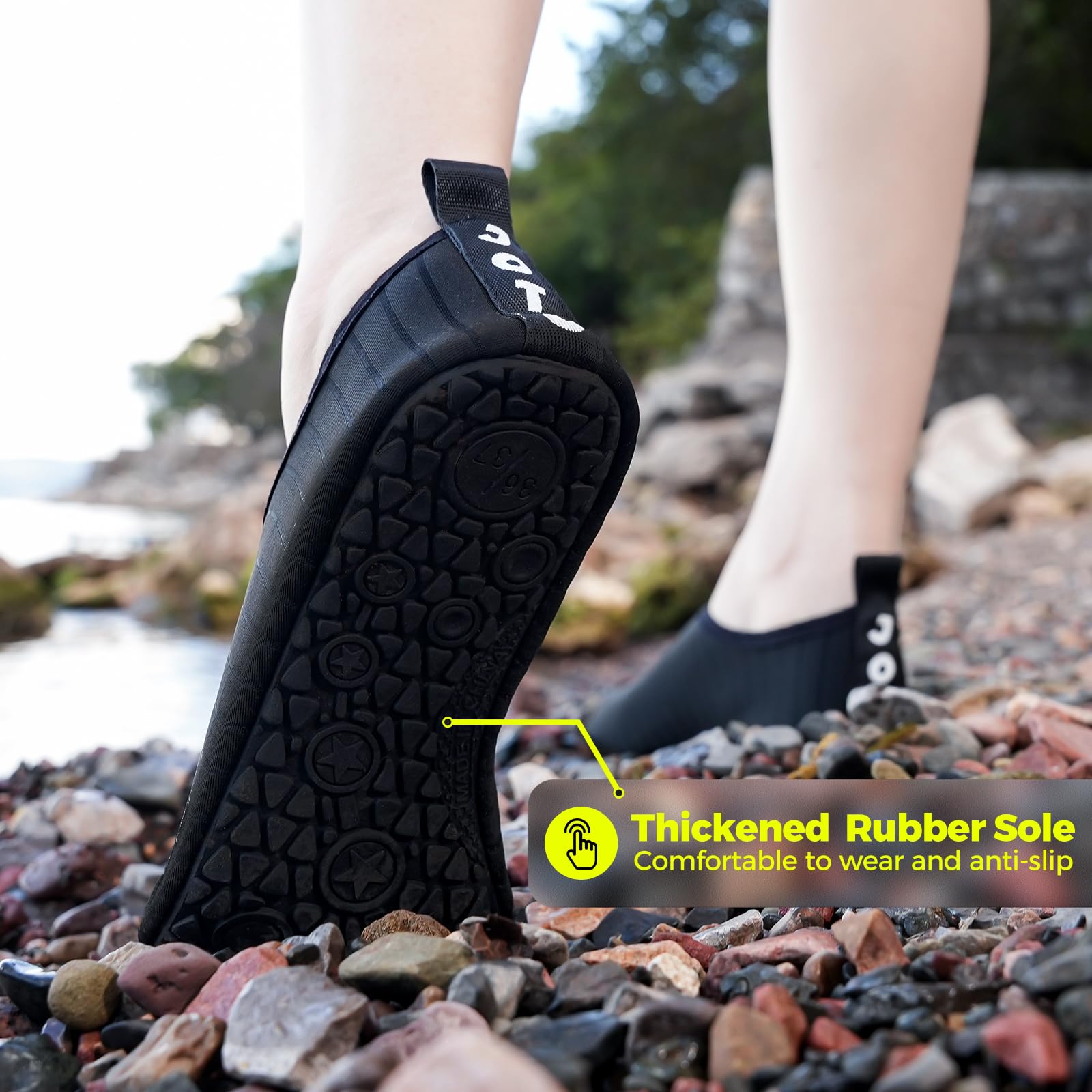 Black quick dry water shoes for adults with thickened rubber sole and anti-slip grip on rocky shore