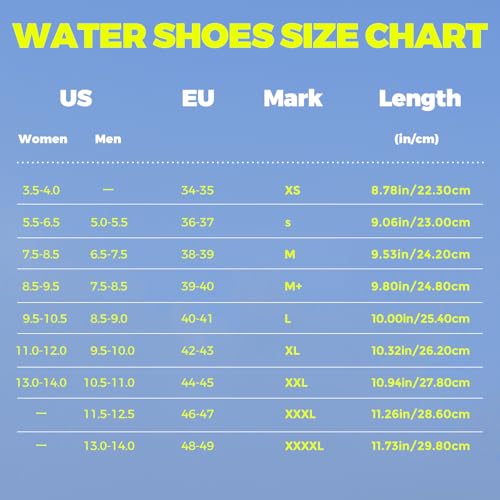 Water shoes size chart for adults showing US, EU sizes and length in inches and centimeters for quick dry water shoes for adults