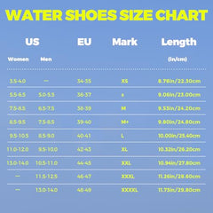 Water shoes size chart for adults showing US, EU sizes and length in inches and centimeters for quick dry water shoes for adults
