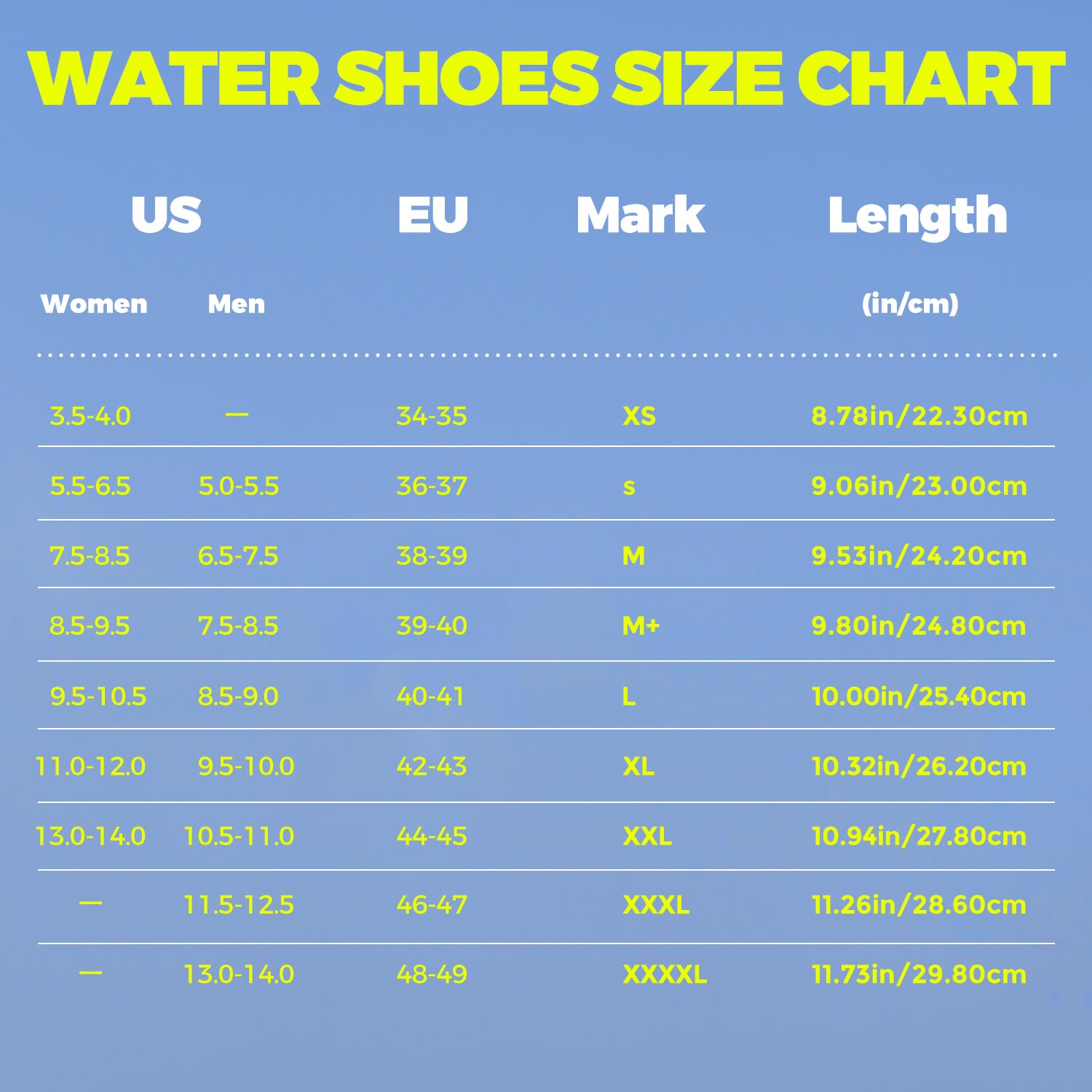 Water shoes size chart for quick dry water shoes for adults showing US women and men sizes EU marks and length in inches and centimeters