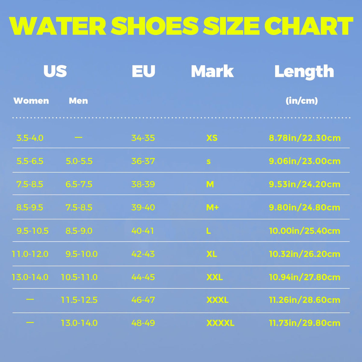 Water shoes size chart for quick dry water shoes for adults showing US women and men sizes EU marks and length in inches and centimeters