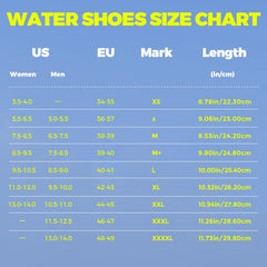 Water shoes size chart for quick dry water shoes for adults showing US women and men sizes EU marks and length in inches and centimeters
