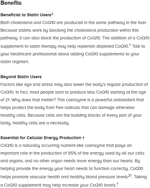 Qunol CoQ10 100mg softgels product benefits panel describing statin support cellular energy production and antioxidant protection