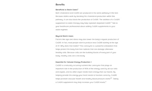 Benefits text page for Qunol CoQ10 100mg softgels describing cellular energy production and statin support