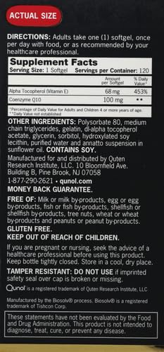 Supplement facts label close up for Qunol CoQ10 100mg softgels showing directions ingredients