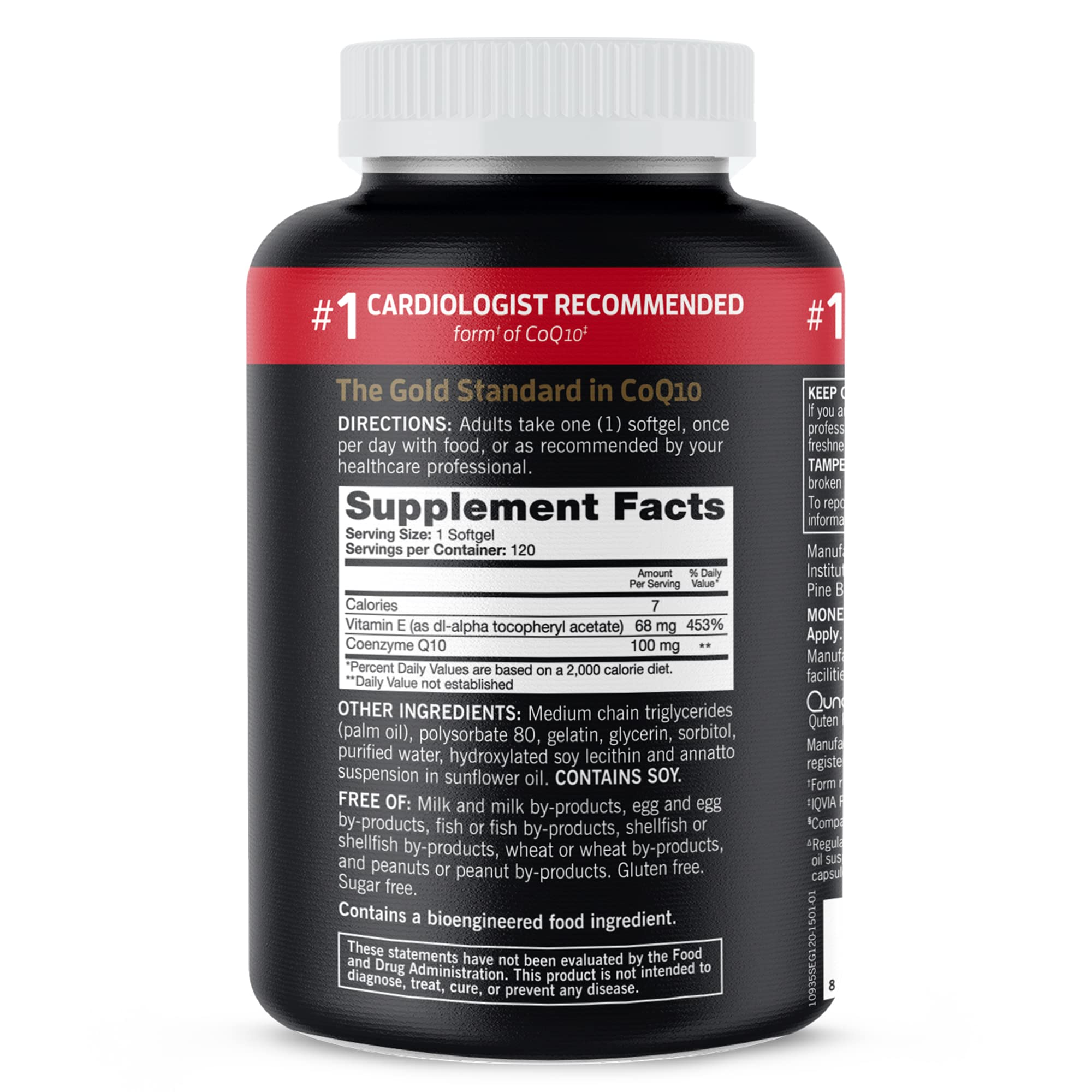 Qunol CoQ10 100mg softgels bottle black container with red label and supplement facts panel