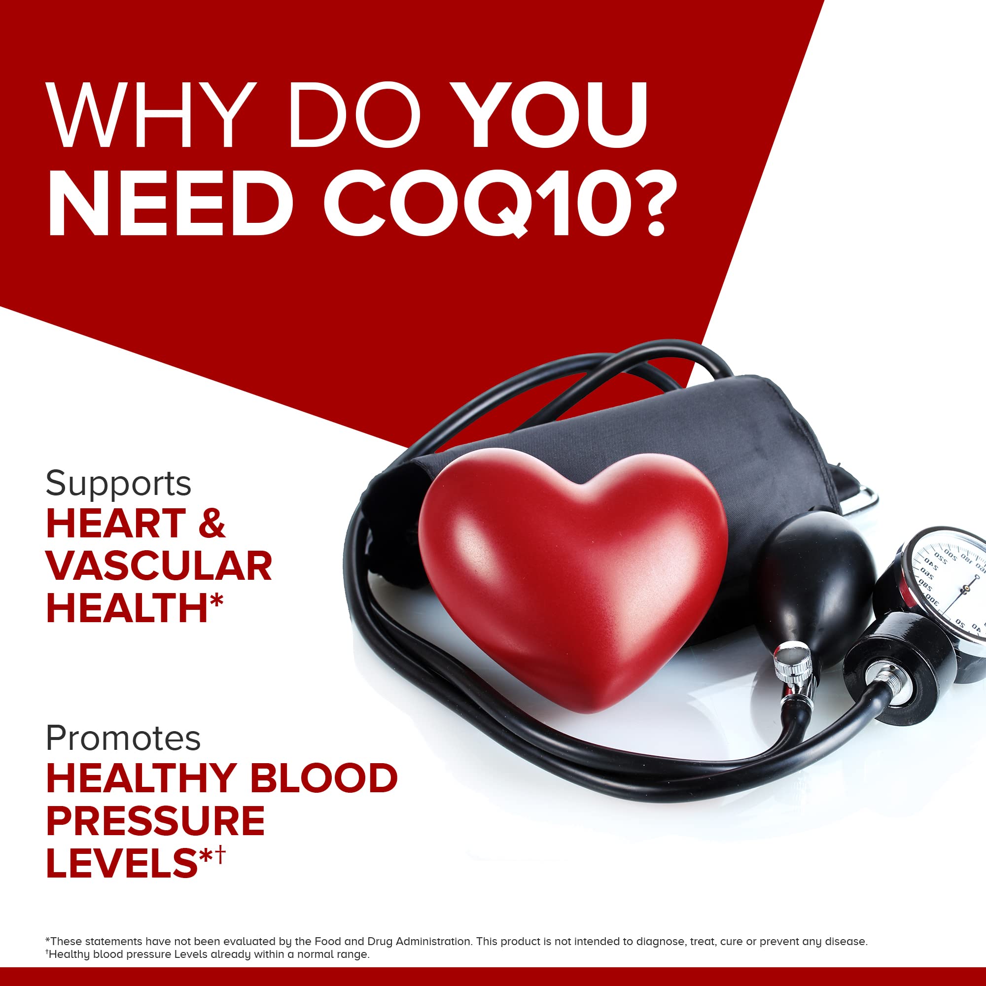 Qunol CoQ10 100mg softgels showing red heart with blood pressure cuff and stethoscope promoting heart and vascular health