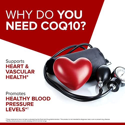 Qunol CoQ10 100mg softgels promotional image with red heart and blood pressure cuff highlighting heart and vascular health