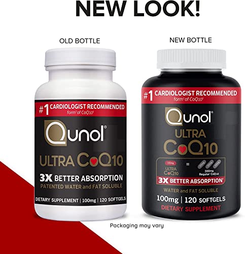 Qunol CoQ10 100mg softgels two bottle comparison showing old white bottle and new black Ultra CoQ10 packaging