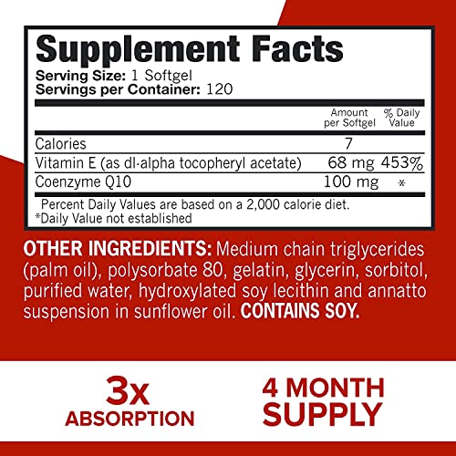 Qunol CoQ10 100mg softgels. Supplement facts showing 1 softgel serving, 120 servings, 100 mg CoQ10, 4 month supply
