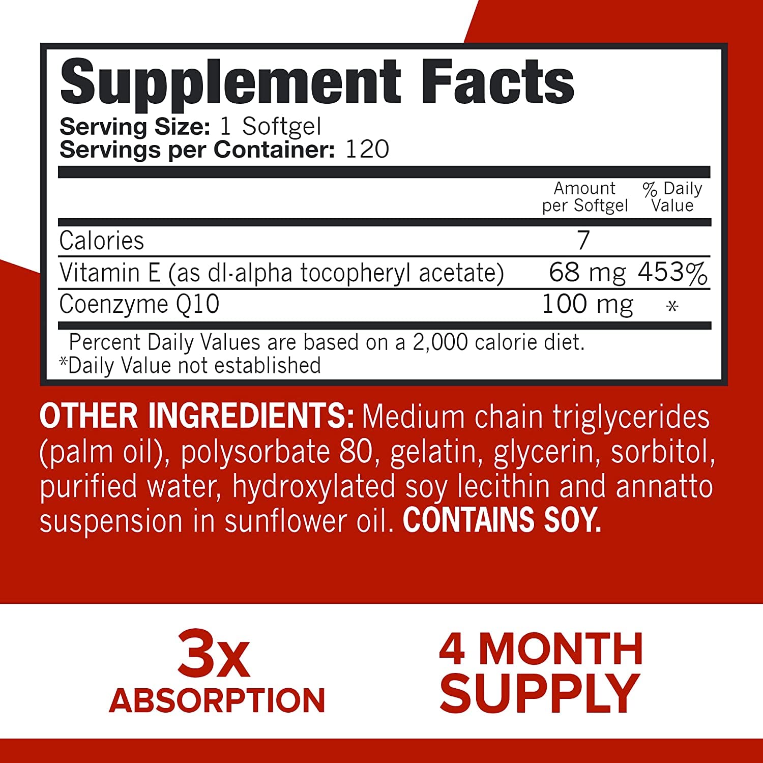 Qunol CoQ10 100mg softgels supplement facts panel showing 100 mg Coenzyme Q10, vitamin E, contains soy, 3x absorption