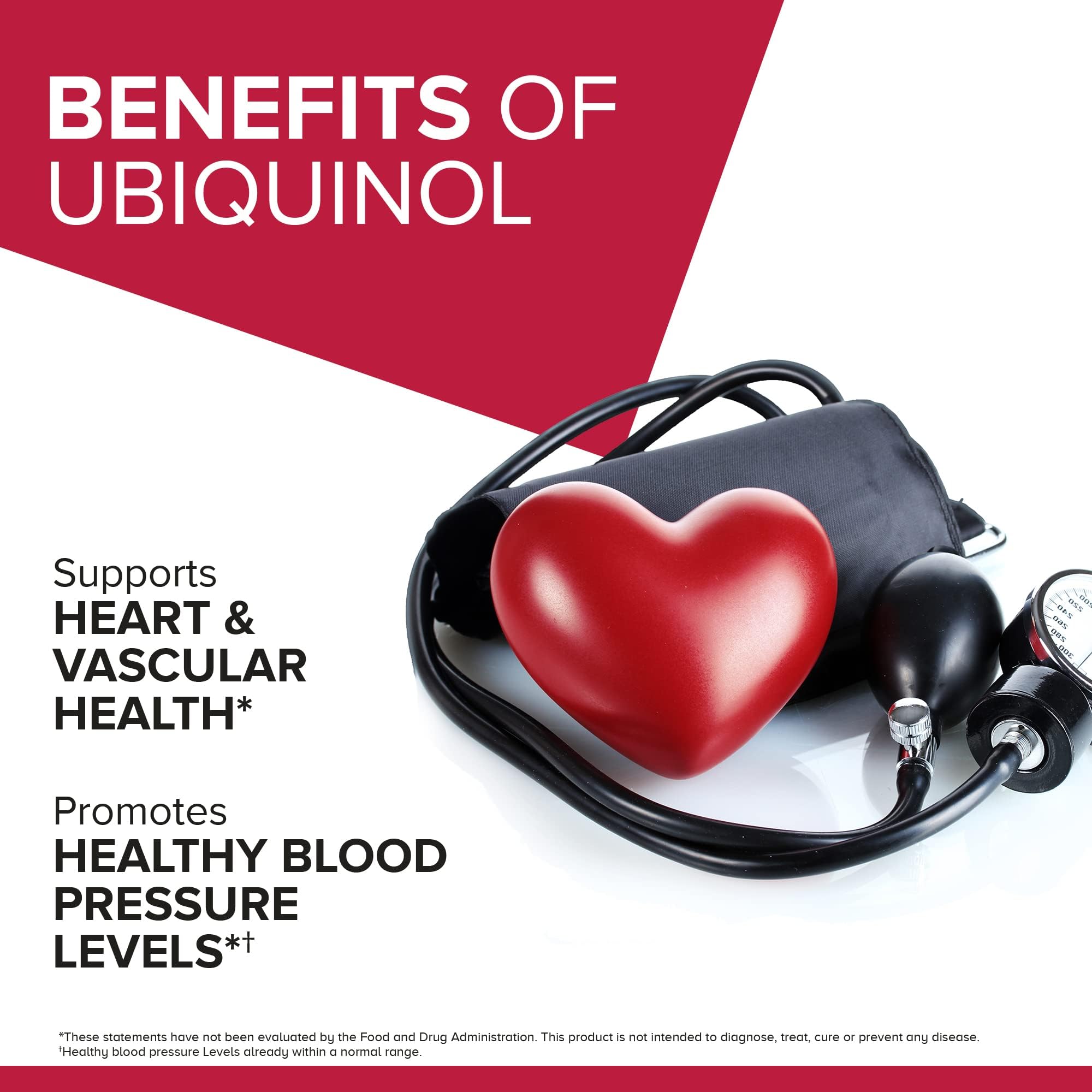 Qunol Mega CoQ10 softgels showing red heart with blood pressure cuff highlighting heart and vascular health benefits