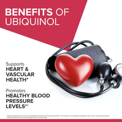 Qunol Mega CoQ10 softgels showing red heart with blood pressure cuff highlighting heart and vascular health benefits