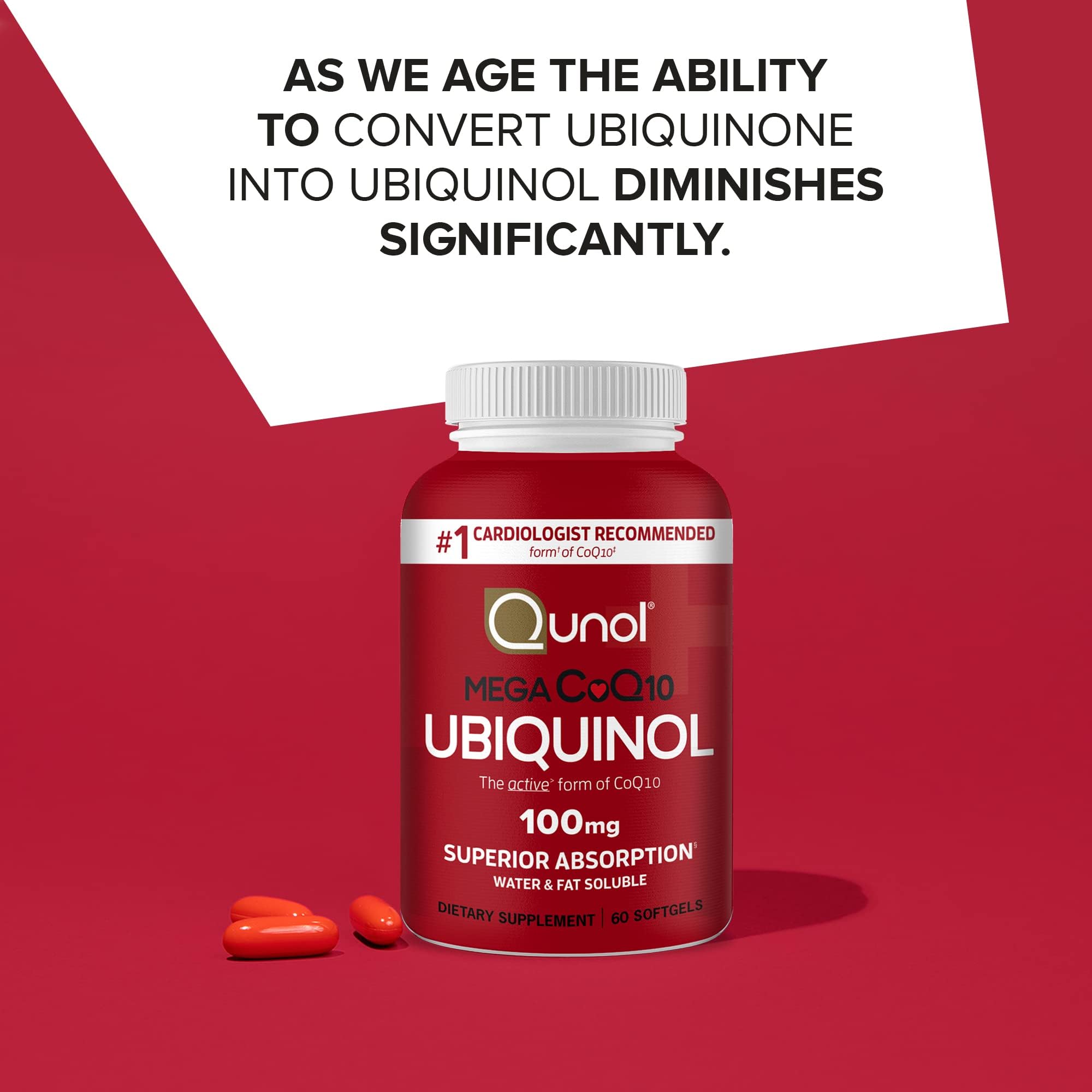 Qunol Mega CoQ10 softgels bottle Ubiquinol 100mg red label with three softgels on red background