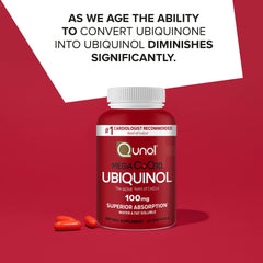 Qunol Mega CoQ10 softgels bottle Ubiquinol 100mg red label with three softgels on red background