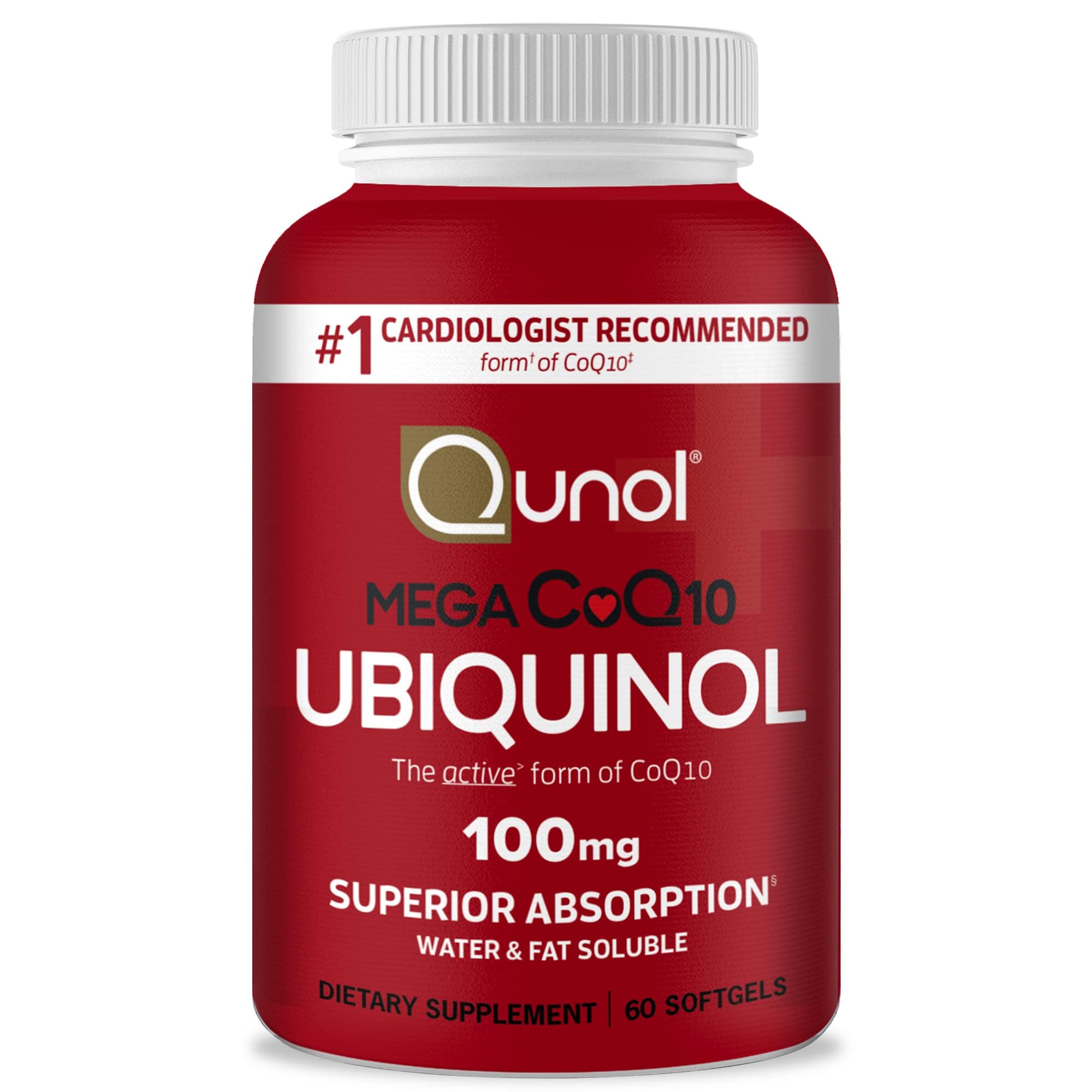 Qunol Mega CoQ10 softgels Ubiquinol 100 mg bottle 60 softgels red label superior absorption