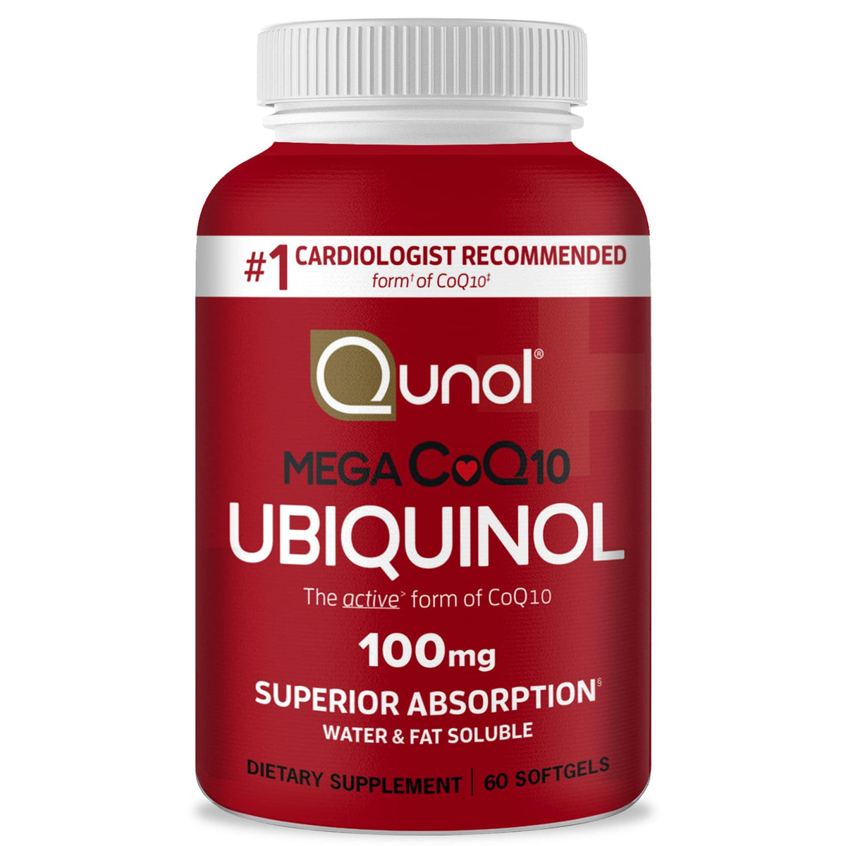 Qunol Mega CoQ10 softgels Ubiquinol 100 mg bottle 60 softgels red label superior absorption