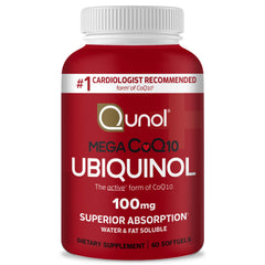 Qunol Mega CoQ10 softgels Ubiquinol 100 mg bottle 60 softgels red label superior absorption