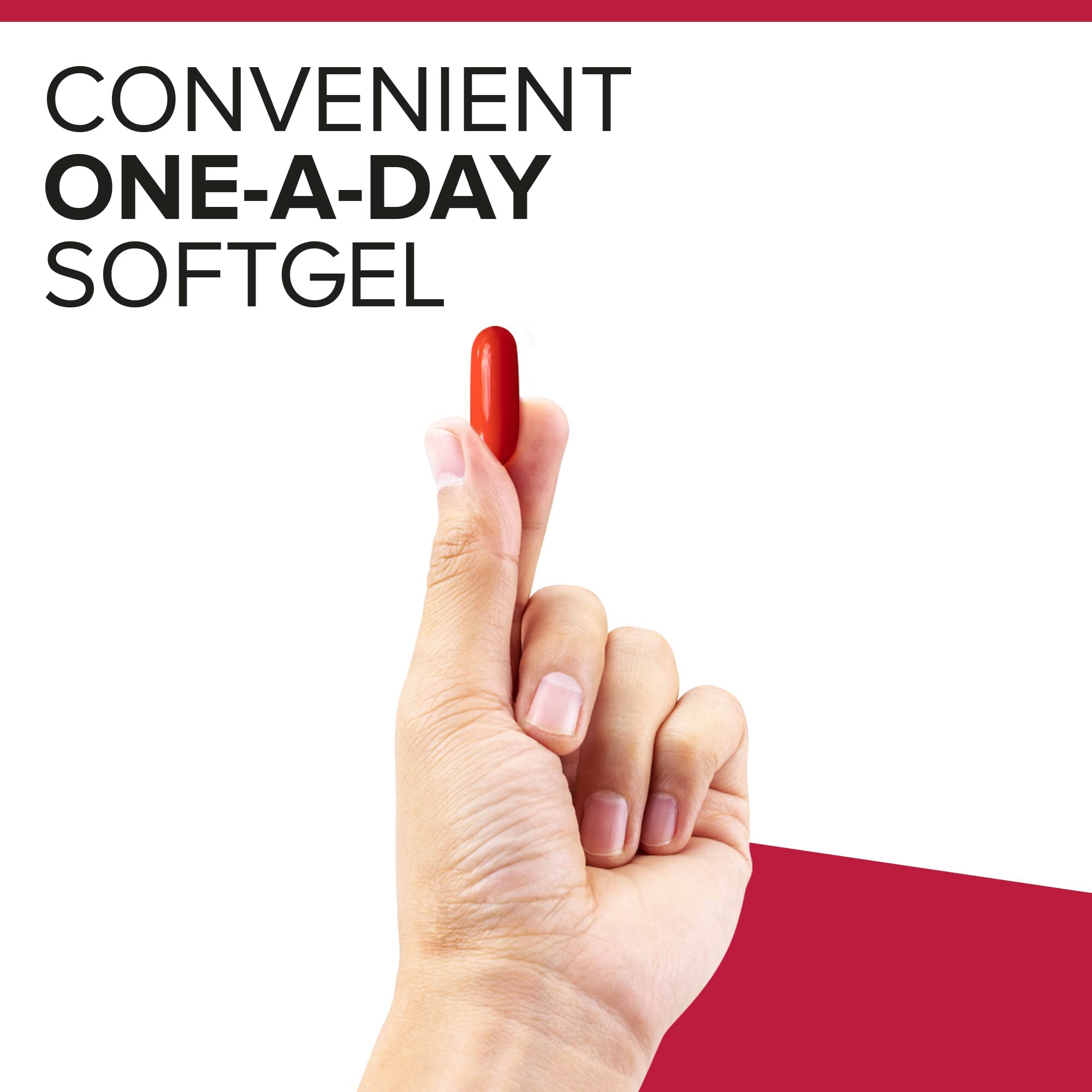 Qunol Mega CoQ10 softgels single red softgel held between thumb and finger with one a day text on white background