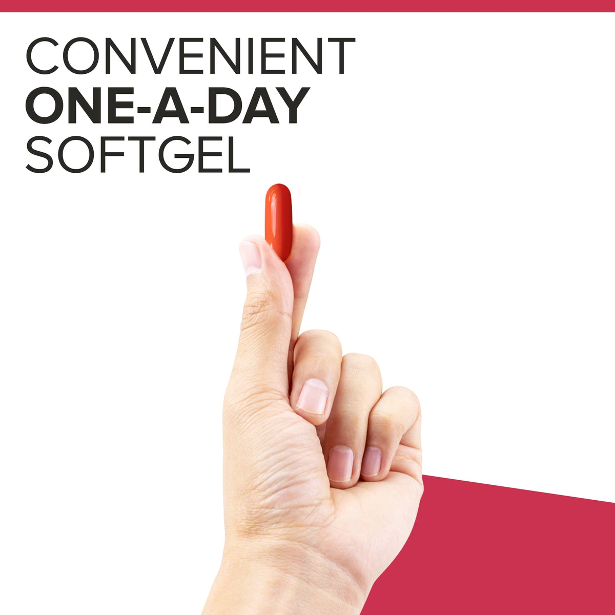 Qunol Mega CoQ10 softgels single red softgel held between thumb and finger with one a day text on white background