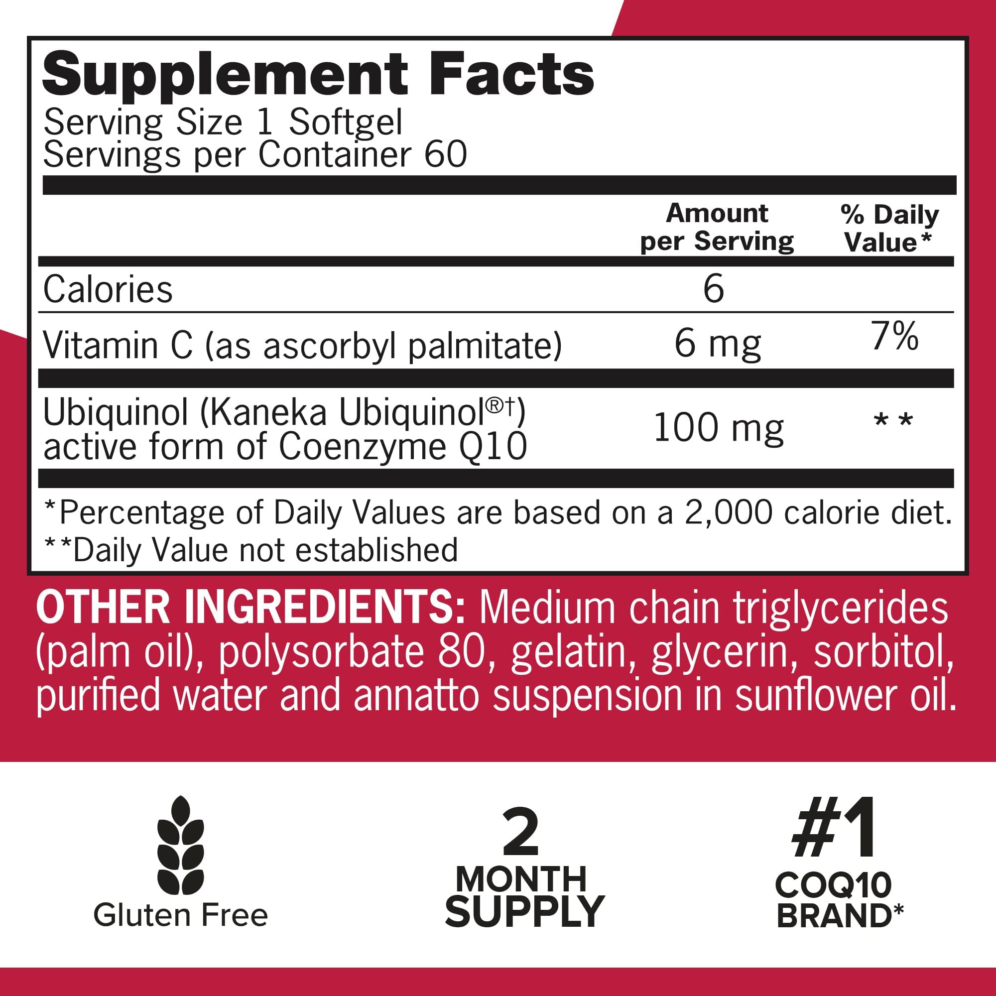 Qunol Mega CoQ10 softgels supplement facts label showing 100 mg ubiquinol 6 mg vitamin C gluten free two month supply