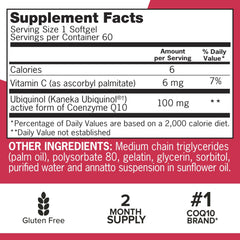 Qunol Mega CoQ10 softgels supplement facts label showing 100 mg ubiquinol 6 mg vitamin C gluten free two month supply