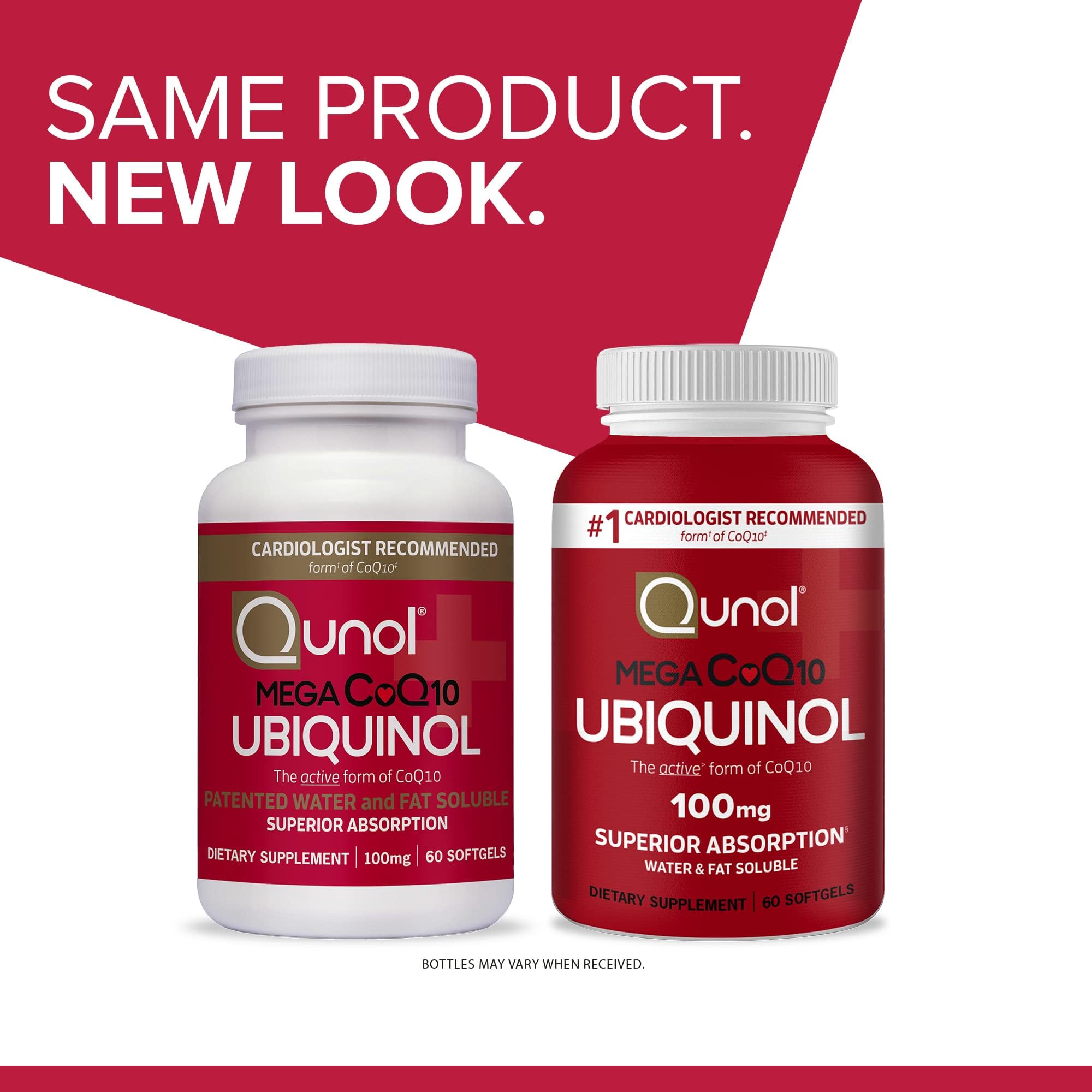Qunol Mega CoQ10 softgels two red bottles showing new and old packaging Ubiquinol 100 mg label