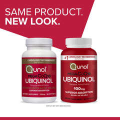 Qunol Mega CoQ10 softgels two red bottles showing new and old packaging Ubiquinol 100 mg label