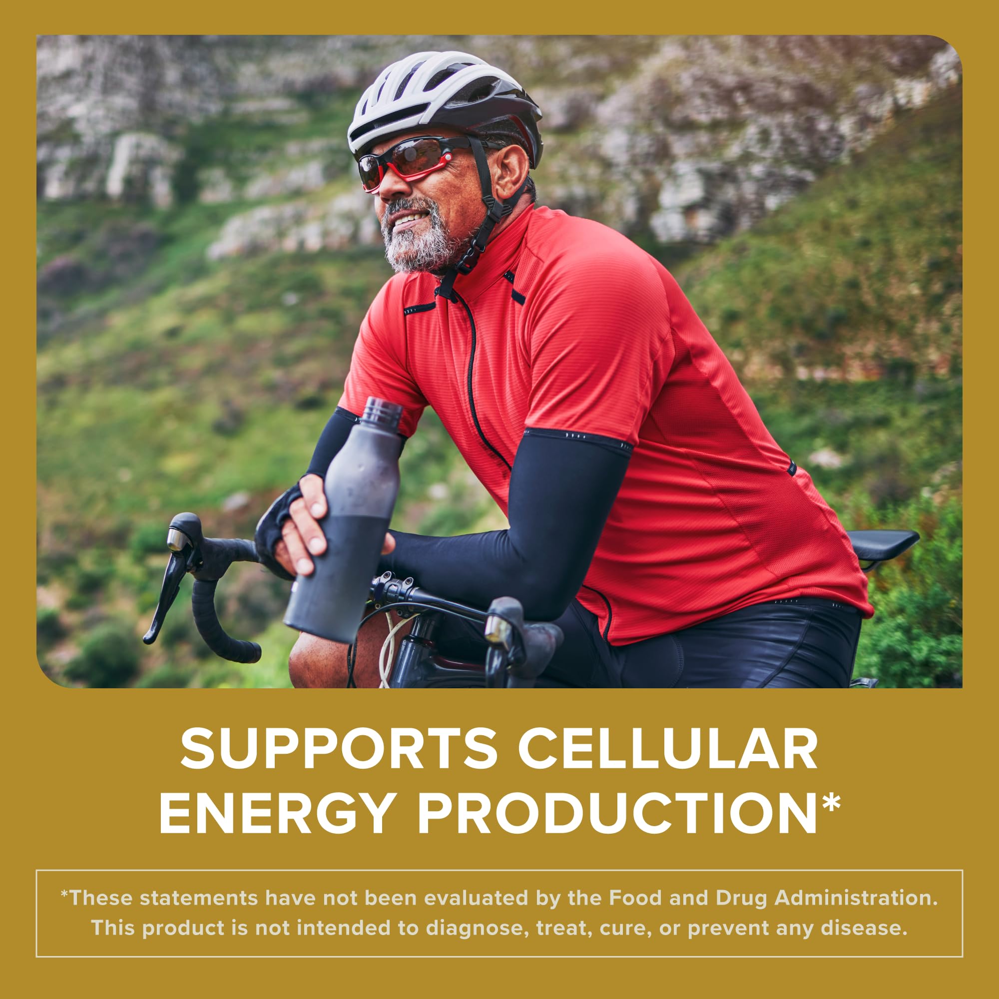 Older cyclist holding water bottle outdoors highlighting Qunol Ubiquinol CoQ10 200mg softgels for cellular energy