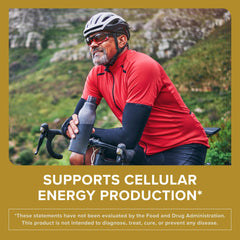 Older cyclist holding water bottle outdoors highlighting Qunol Ubiquinol CoQ10 200mg softgels for cellular energy